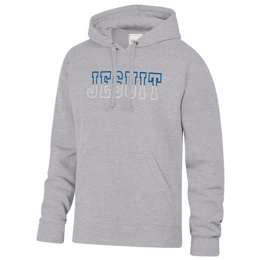 Gear for Sports.

75% Cotton/25% Polyester - 9 oz. fleece.

This hoodie is brushed inside & out for the coziest fit & feel. Jersey lined hood with full draw cord and front pouch pocket. 1 x 1 Cotton/Spandex rib at cuff, waistband, pocket openings.

3D embroidered JESUIT logo - fades from Royal Blue to White.