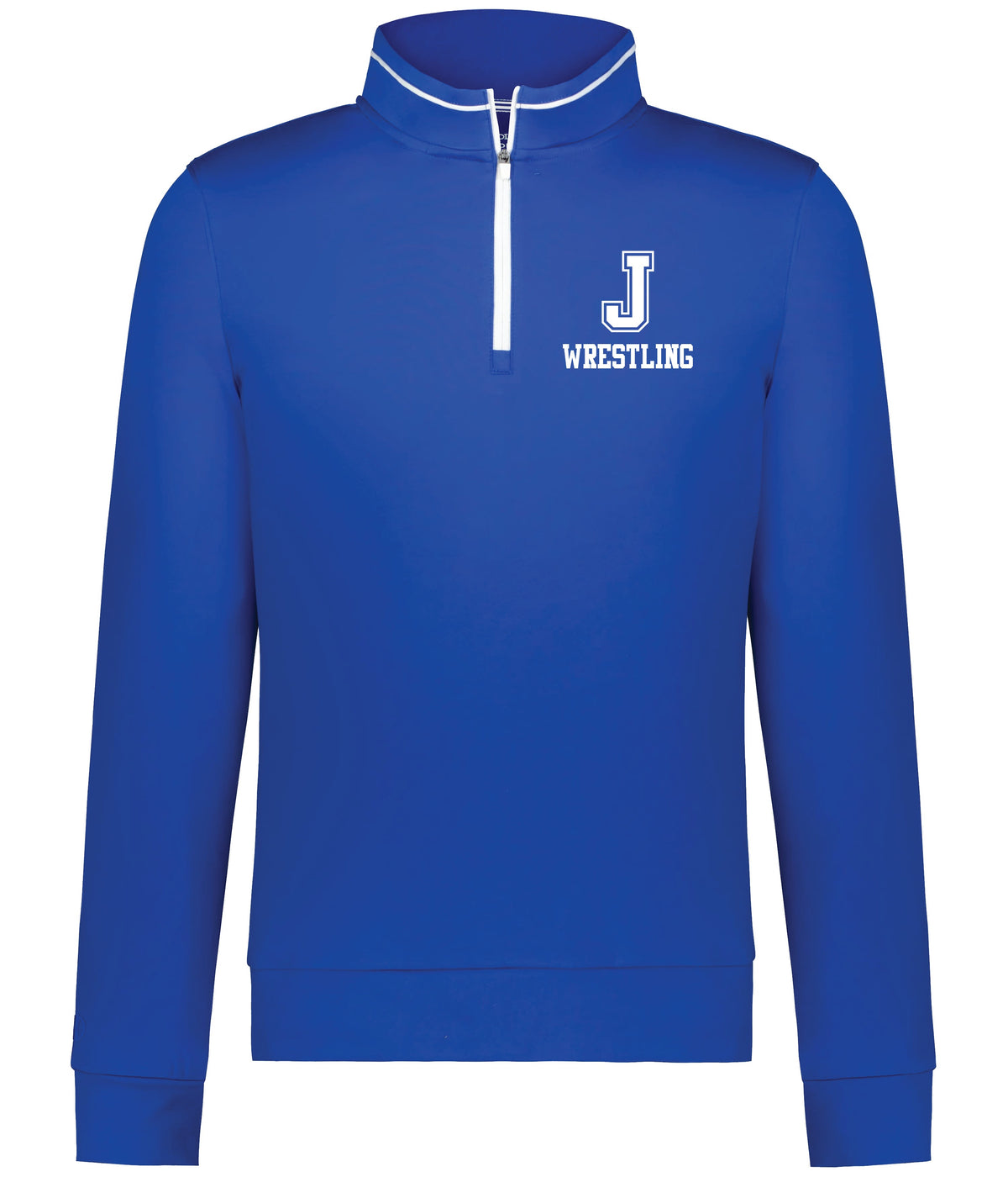Holloway

78% recycled polyester/22% spandex pleached flex knit.

Eco-Revive stretch pullover with moisture-wicking fabric, quarter-zip styling, and self-fabric cuffs and bottom band for everyday team wear. Tag-free label. White zipper detailing.

J Wrestling screen-printed logo.