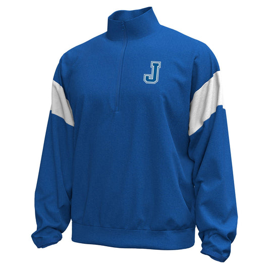 Under Armour.

60% Cotton/40% Polyester.

Double-knit fabric is soft, stretchy & breathable for superior comfort & mobility. Dropped shoulder. Open hand pockets. Royal blue with white stripe contrast on sleeves. Ribbed cuffs and hem.

Embroidered J logo.