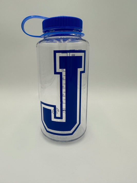 Nalgene.  32 oz. with fluid measurements on one side.  J Logo.  Clear bottle with wide mouth.  BPA/BPS free.