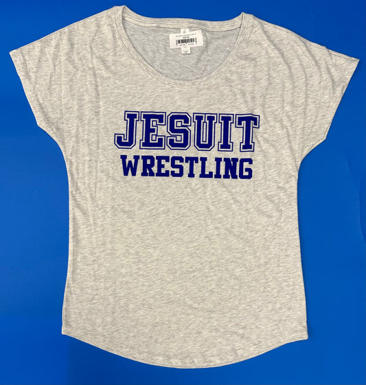 Next Level.

4.3 oz., 50% polyester, 25% combed ring spun cotton, 25% rayon jersey.

Dolman short sleeve construction. Front cover stitched. 1x1 baby rib-knit set-in collar. Fabric laundered for reduced shrinkage. Side seamed.

JESUIT WRESTLING logo.