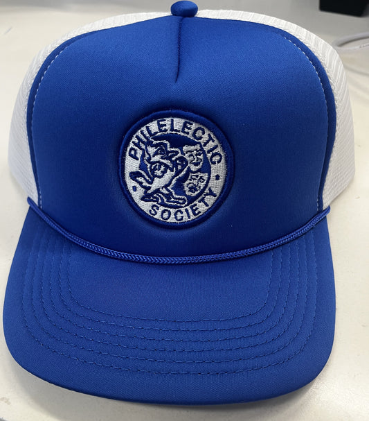 Pacific Headwear.

Trucker mesh side and back panels with foam front panel. Snapback detail. Has a slight curve in the visor and Royal Blue cording.

JESUIT PHILELECTIC SOCIETY LOGO.