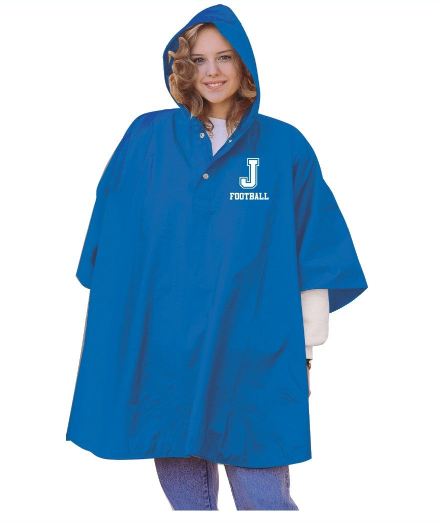 Storm Duds.

18mm PVC.

Large 52" x 86" coverage. Hand-stitched and welded. Roomy hood. Snap-front closure and side snaps. One Size fits most adults.

J FOOTBALL LOGO.