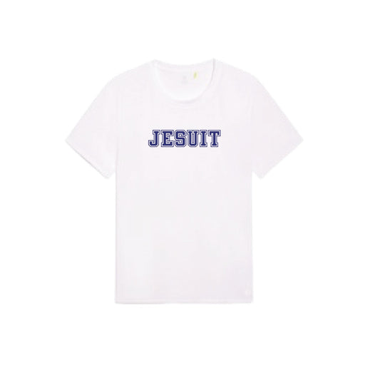 Tasc Performance.  52% Cotton/43% Viscose from Bamboo/5% Lycra.  Self-collar with scalloped bottom hem. Approximately 24.5 inches body length.  Machine washable/Tumble dry low. Made with lightweight, breathable, moisture-wicking bamboo fabrication.  Jesuit screenprint logo.