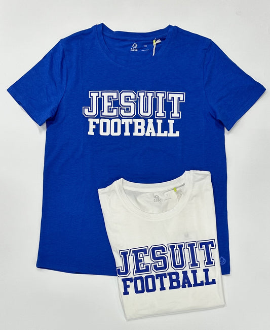 Tasc Performance.  52% Cotton/43% Viscose from Bamboo/5% Lycra.  Self-collar with scalloped bottom hem. Approximately 24.5 inches body length.  Machine washable/Tumble dry low.  Made with lightweight, breathable, moisture-wicking bamboo fabrication.  Jesuit FOOTBALL screenprint logo.