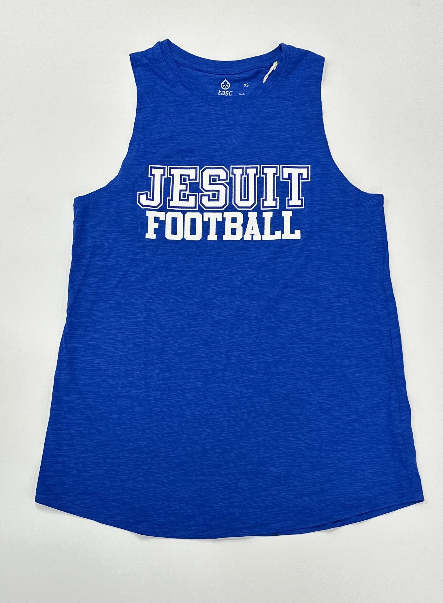 Tasc Performance.  53% Organic Cotton/43% Viscose from Bamboo, 4% Lycra Spandex.  Relaxed, A-line Fit. High crew neckline. Slightly curved bottom hem. True side seam.  Approx. 26.5” body length. Machine Washable/Dryer Safe.  JESUIT FOOTBALL logo.