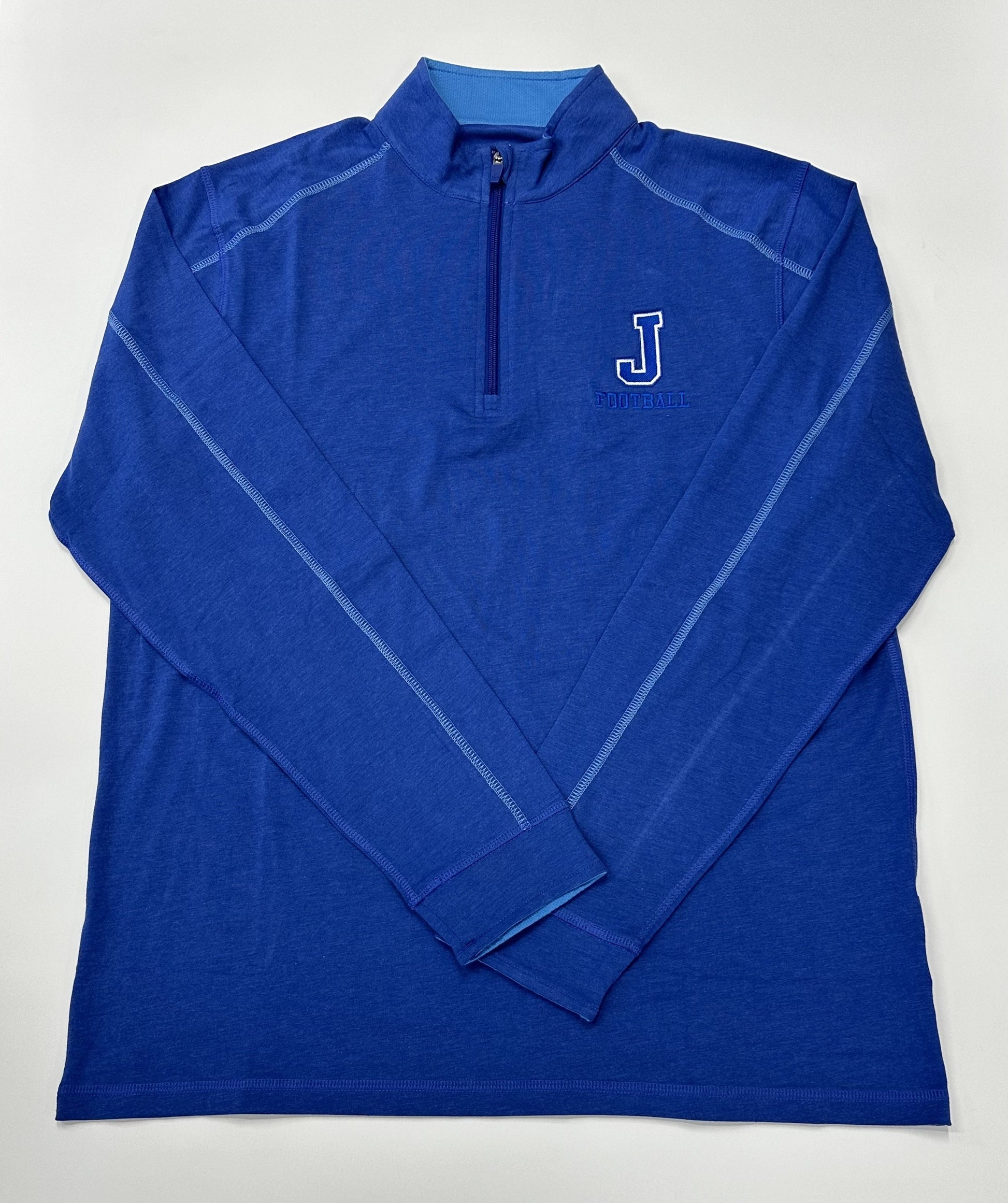 Tasc Performance.  51% Organic Cotton/41% Viscose from Bamboo/8% Lycra Spandex.  Lock down zipper with garage, contrast seaming, sleeve cuffs, 30" length.  Embroidered J Football logo.