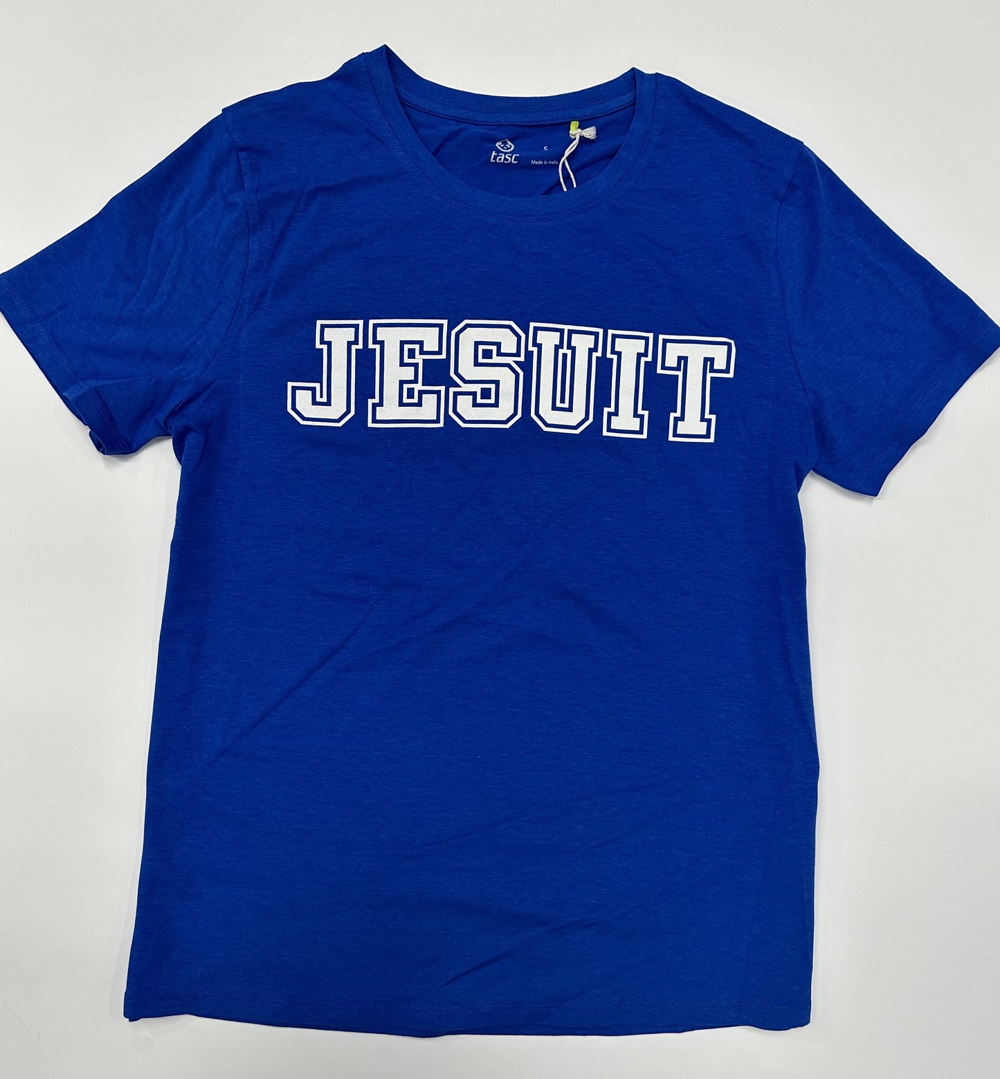 Tasc Performance.  52% Cotton/43% Viscose from Bamboo/5% Lycra.  Self-collar with scalloped bottom hem. Approximately 24.5 inches body length.  Machine washable/Tumble dry low. Made with lightweight, breathable, moisture-wicking bamboo fabrication.  Jesuit screenprint logo.