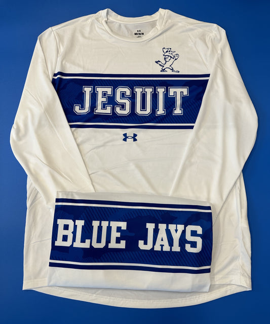 Under Armour  Performance Fabric.  JESUIT logo on front w/BLUE JAYS on backside.  100% Polyester.