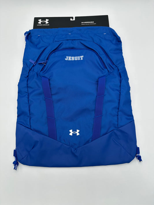 Under Armour.  100% Polyester.  2.4"W x 21.1"H x 15.4"L  Water-repellent finish w/full-length front insulated zippered pocket & adjustable cording straps.