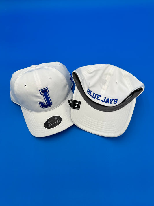 Under Armour.  100% Polyester- Antimicrobial fabric.  Relaxed unstructured stretch fit.  6 Panel construction. White w/  J on front & Blue Jays on back.  Available in 2 sizes:  M/L and L/XL.