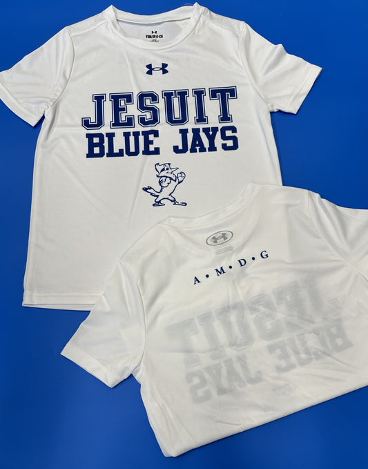 Under Armour. 100% Polyester. UA Tech fabric is quick drying, ultra-soft and has a more natural feel. Anti-odor technology. Set in sleeve construction. Sublimated logos. Jesuit Blue Jays with Jayson logo on front. A.M.D.G. on back.