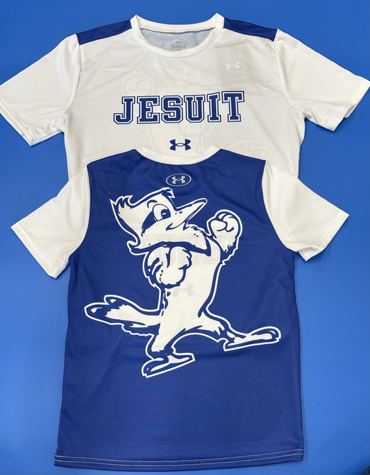 Under Armour. 100% polyester. UA Tech fabric is quick drying, ultra-soft and has a more natural feel. Anti-odor technology. Set in sleeve construction. Sublimated logos Jesuit logo on white front. Jayson logo on royal blue back.