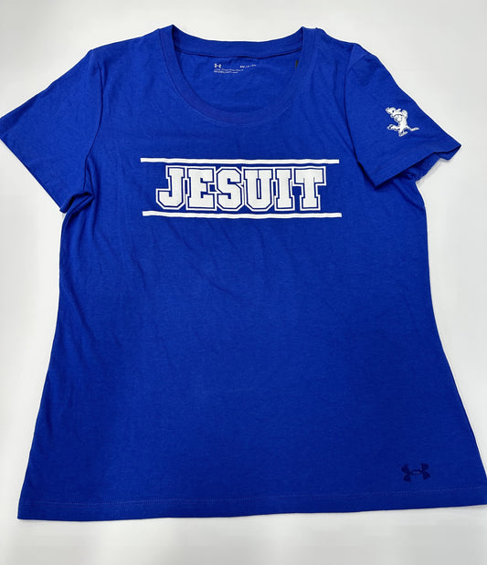 Under Armour  60% Cotton/40% Polyester.  Performance cotton blend fabric.  Set in sleeve construction. Open, rib knit collar.  JESUIT w/Jayson on Sleeve.