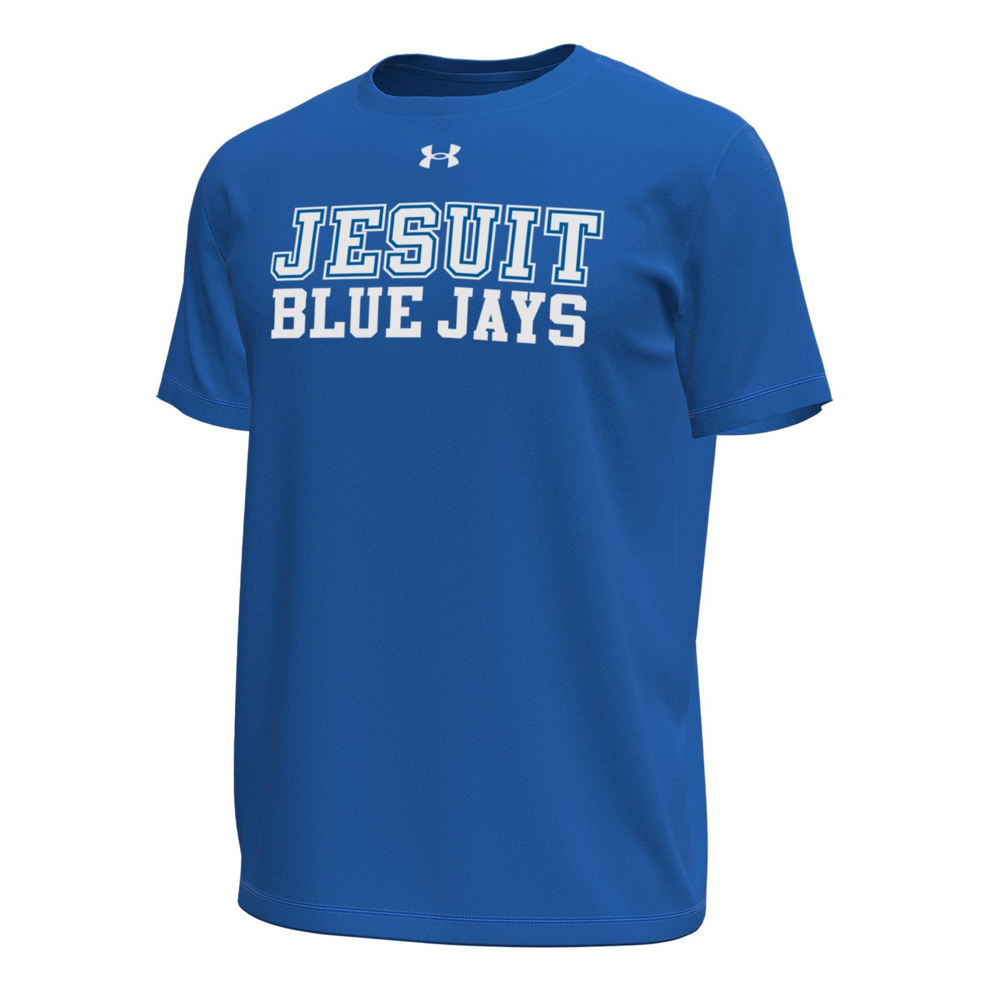Under Armour.

89% Polyester/11% Elastane.

Stretch fabric is quick drying & ultra-soft. Material wicks sweat & dries really fast. Anti-odor technology. 4-way stretch material moves better in every direction.

Jesuit Blue Jays logo.