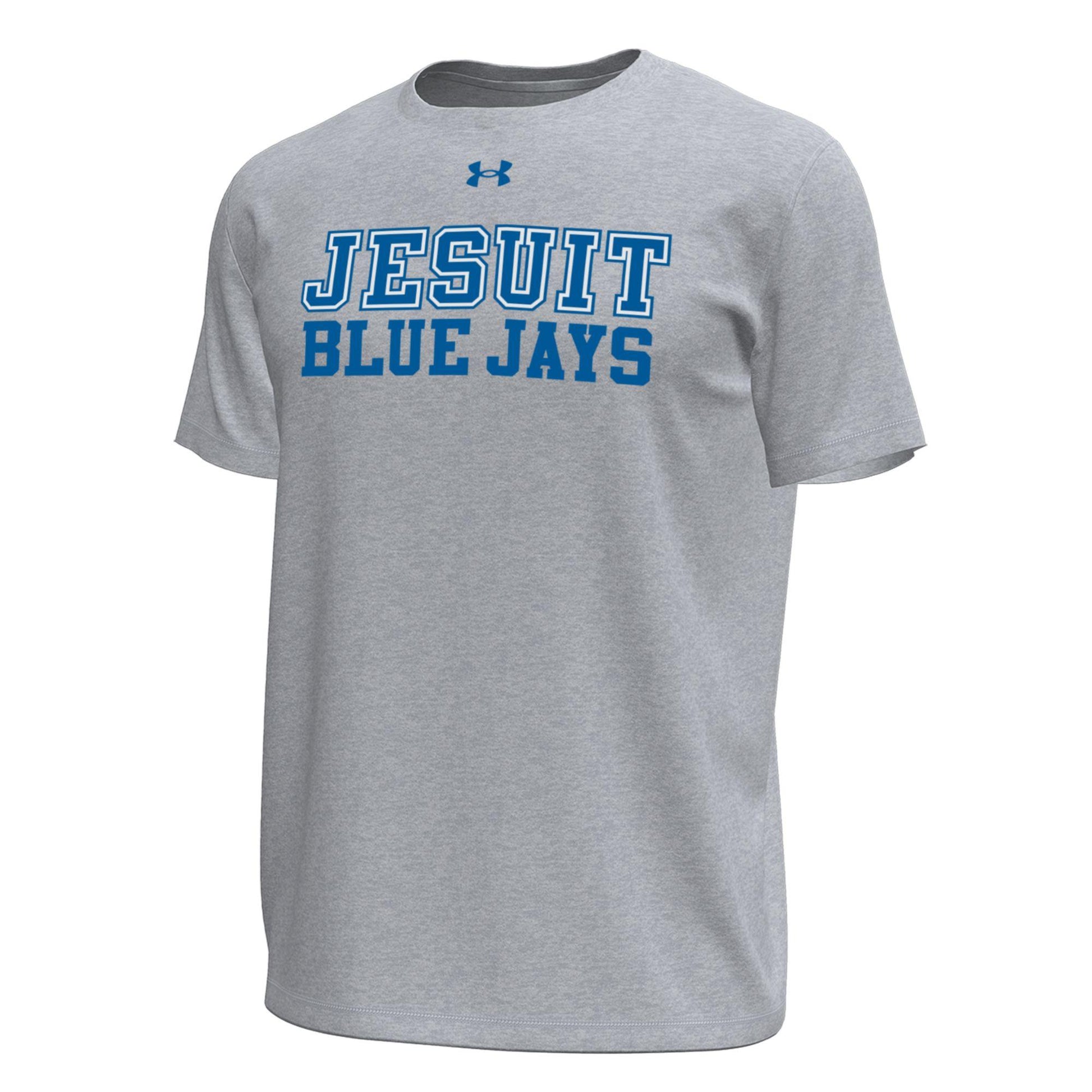 Under Armour.

89% Polyester/11% Elastane.

Stretch fabric is quick drying & ultra-soft. Material wicks sweat & dries really fast. Anti-odor technology. 4-way stretch material moves better in every direction.

Jesuit Blue Jays logo.