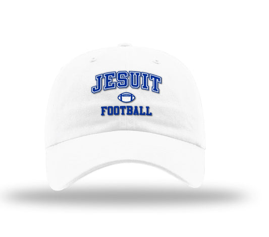 Richardson.

100% Cotton WHITE Garment Washed Twill.

Adjustable Cloth Backstrap. Relaxed Shape. Precurved. Cotton Sweatband.

Jesuit Football logo.
