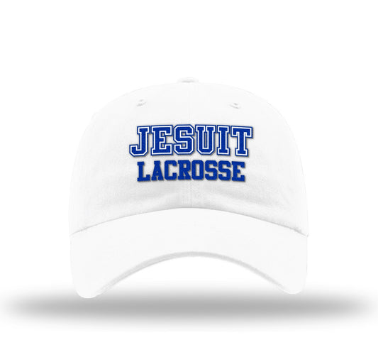 Richardson.

100% Cotton WHITE Garment Washed Twill.

Adjustable Cloth Backstrap. Relaxed Shape. Precurved. Cotton Sweatband.

Jesuit Lacrosse logo.