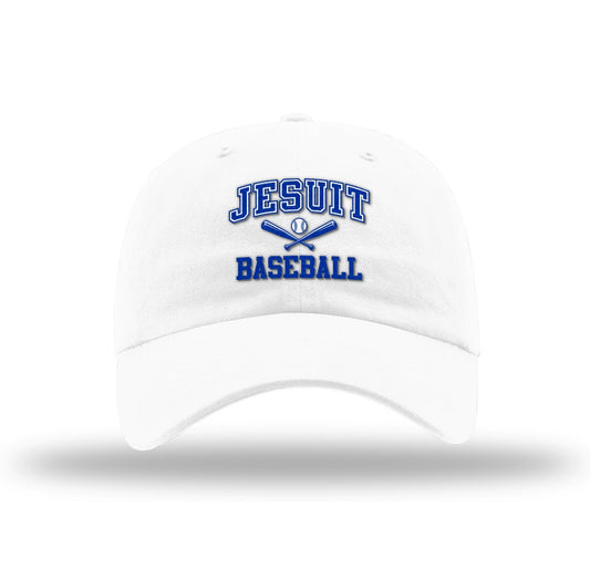 Richardson.

100% Cotton WHITE Washed Twill

Adjustable Cloth Backstrap. Relaxed Shape. Precurved visor. Cotton Sweatband

JESUIT BASEBALL LOGO.