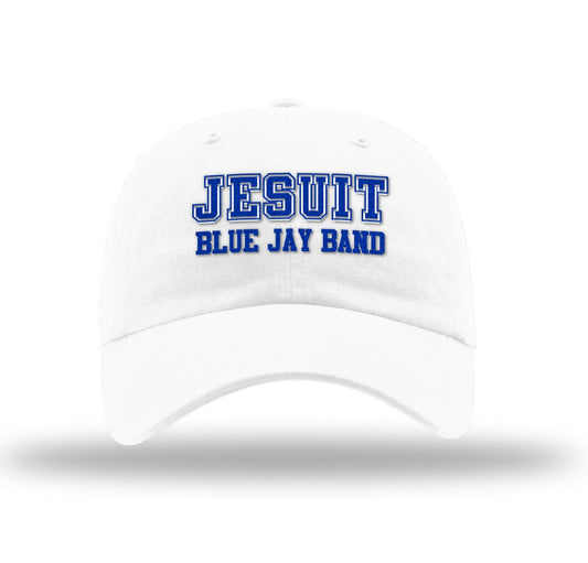 Richardson.

100% Cotton WHITE Garment Washed Twill.

Adjustable Cloth Backstrap. Relaxed Shape. Precurved. Cotton Sweatband.

Jesuit Blue Jay Band logo.
