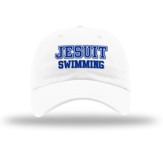 Richardson.

100% Cotton WHITE Garment Washed Twill.

Adjustable Cloth Backstrap. Relaxed Shape. Precurved. Cotton Sweatband.

Jesuit Swimming logo.