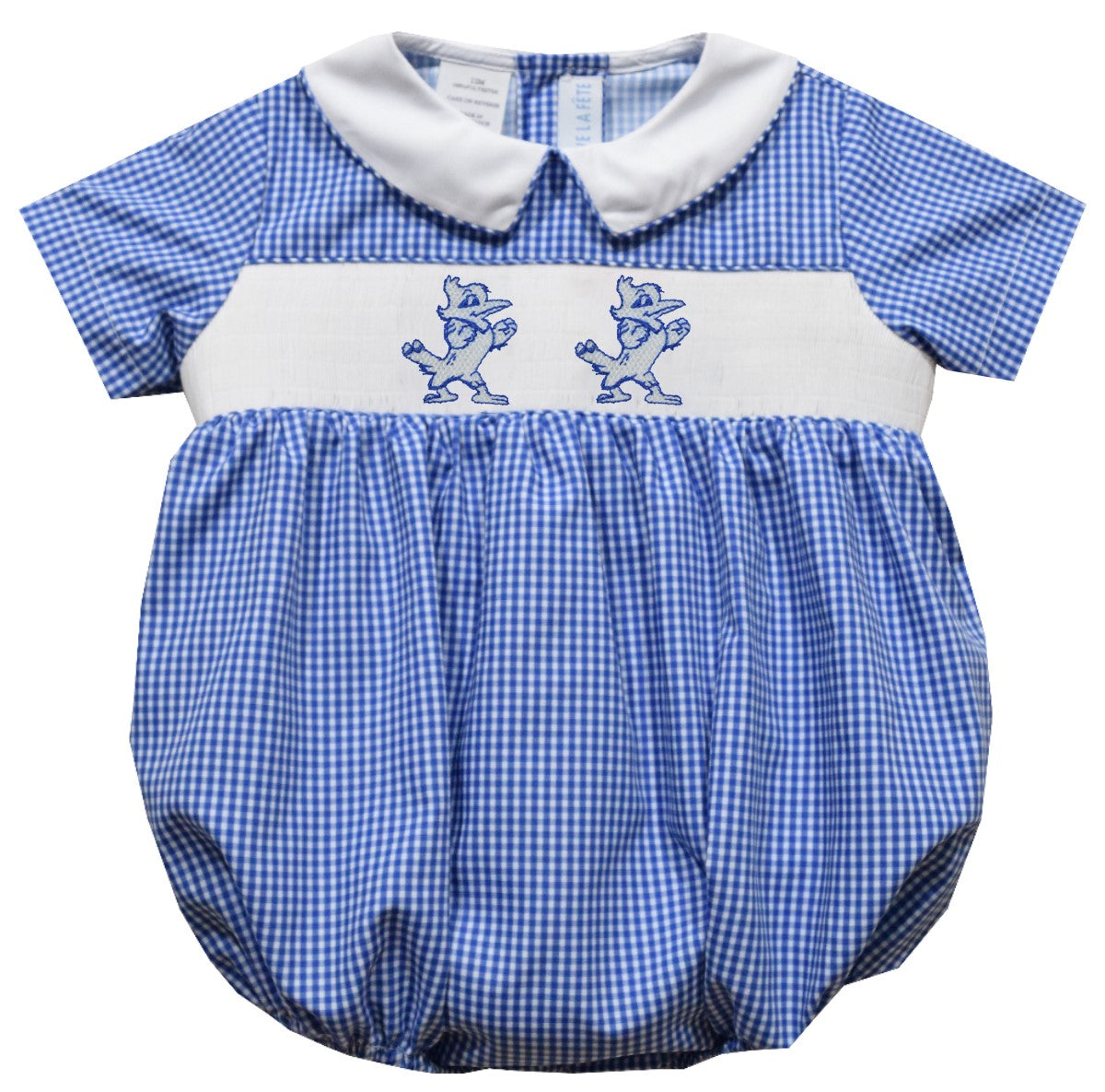 Vive La Fete.  55% Polyester/45% Cotton.  Machine Wash.  Smocked Jayson Logo.  This infant's classic smocked bubble will show off his Blue Jay Spirit!
