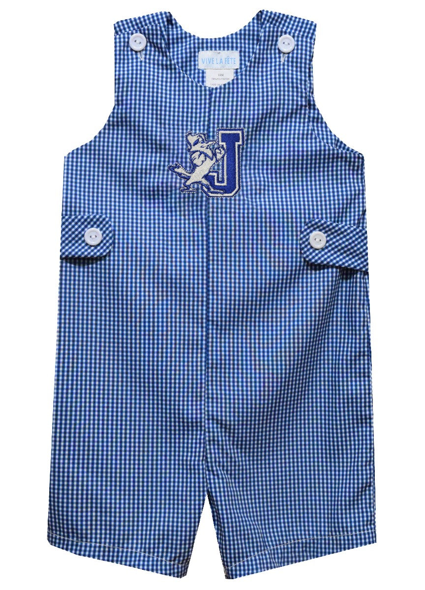 Vive La Fete.  55% Polyester/45% Cotton.  Machine Wash.  Embroidered J/Jayson Logo.  This boy's classic Jon Jon all in one button-on suit will show off his Blue Jay Spirit!   