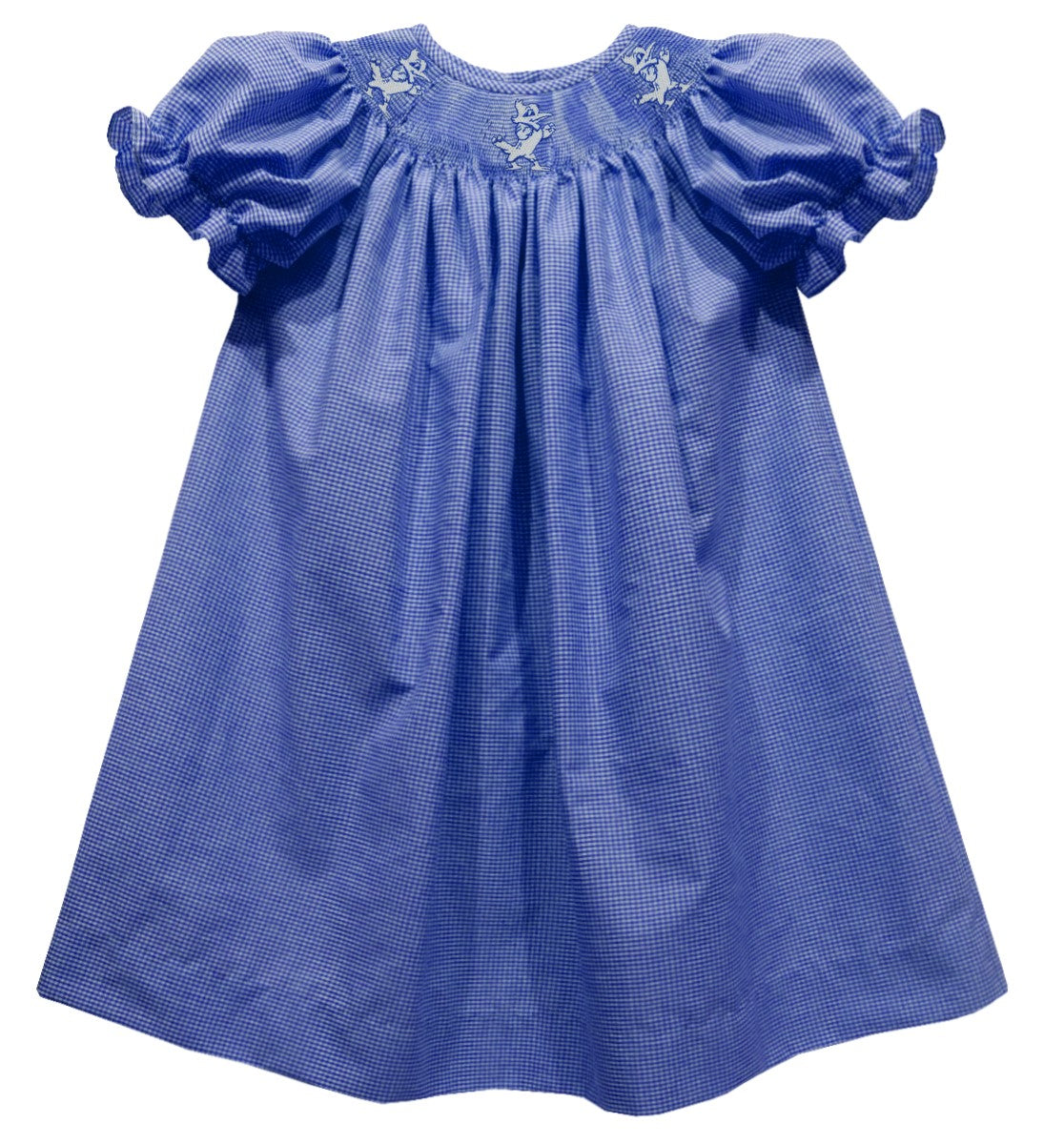 Vive La Fete.  55% Polyester/45% Cotton.  Machine Wash.  Smocked Jayson Logo.  This girl's classic bishop style dress will show off her Blue Jay Spirit!   