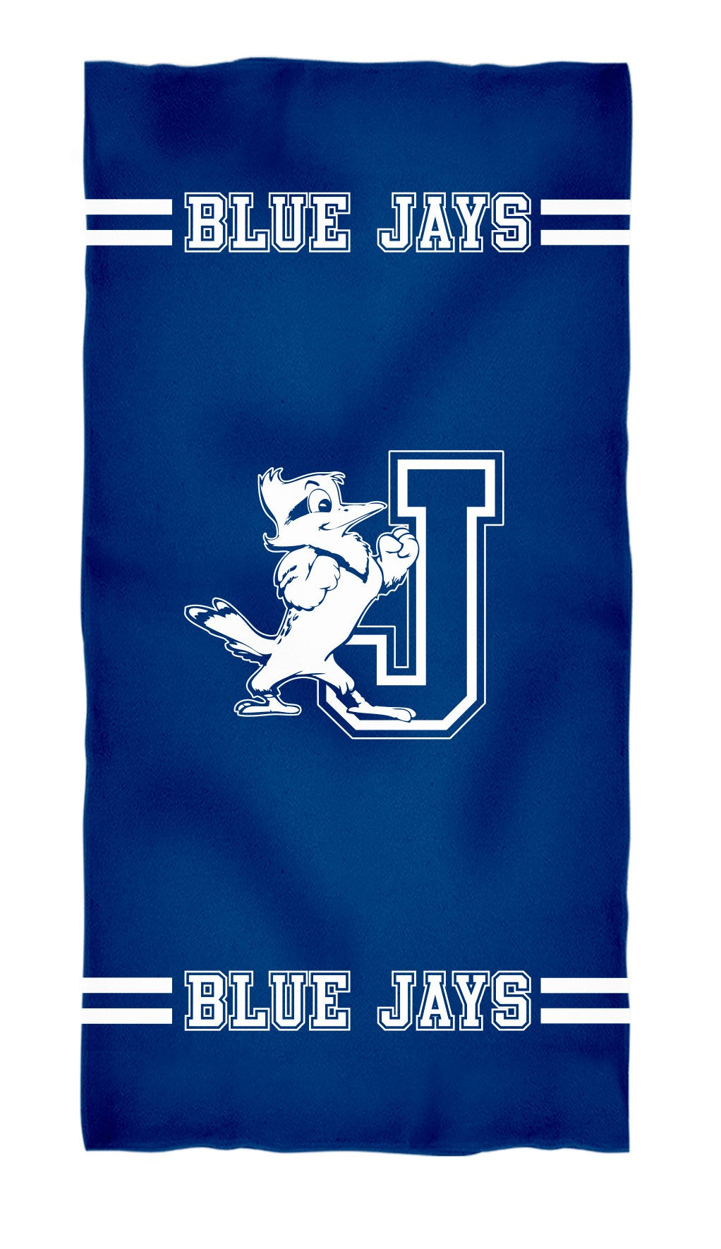 Vive La Fete.  100% Cotton. Measures 28" x 58".    Enjoy the pool, the beach, or bath showing your Blue Jay spirit in comfort and style.  It's soft, light weight and super-absorbent fast drying.  Royal Blue towel with white stripes.  J/Jayson logo with Blue Jays logo on both ends.