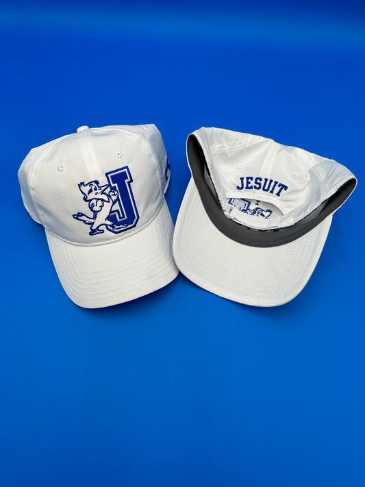 Under Armour  100% Polyester.  Relaxed Unstructured fit.  Curved visor.  Velcro adjustable closure.  One Size Fits All. White w/Jayson & J logo on front & Jesuit on back.