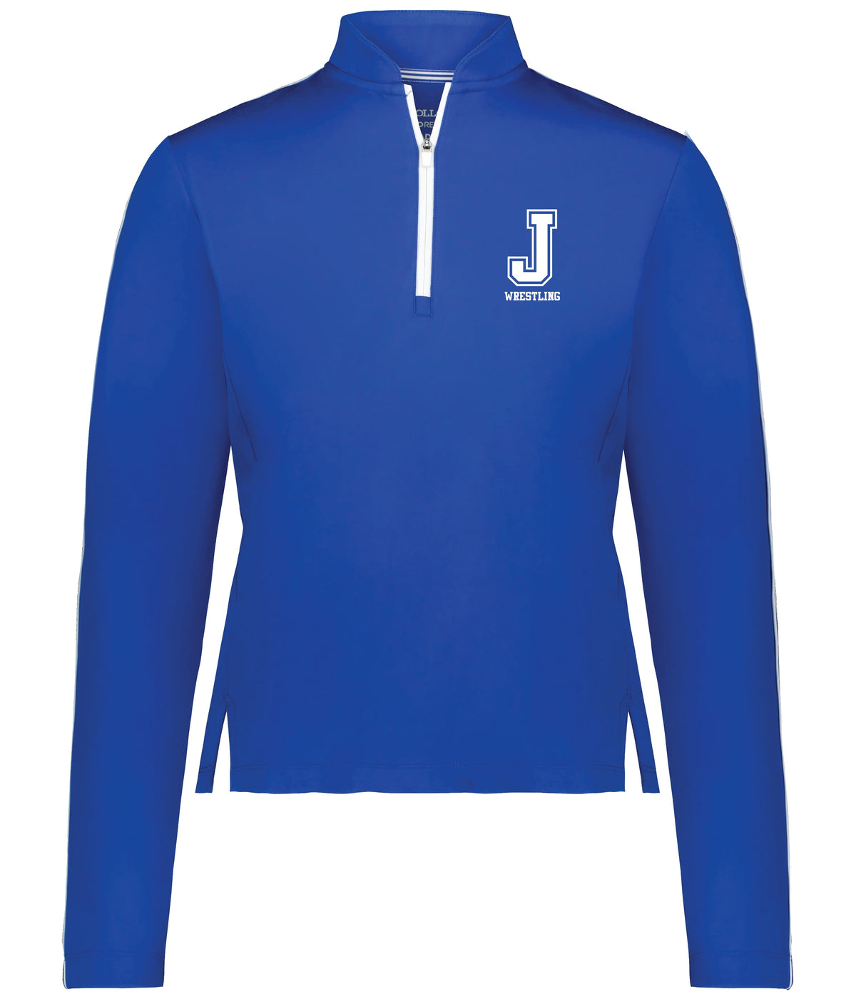 Holloway

78% recycled polyester/22% spandex pleached flex knit.

Eco-Revive ladies' stretch Quarter zip pullover designed with a modest, cropped fit, contoured bottom, and moisture-wicking performance. Semi-fitted. Tag-free label. Set-in sleeves. Side vents. White zipper detailing.

J Wrestling screen-printed logo.