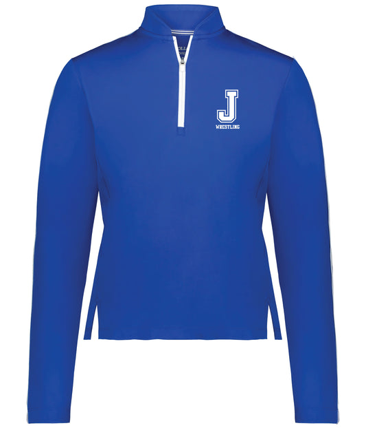 Holloway

78% recycled polyester/22% spandex pleached flex knit.

Eco-Revive ladies' stretch Quarter zip pullover designed with a modest, cropped fit, contoured bottom, and moisture-wicking performance. Semi-fitted. Tag-free label. Set-in sleeves. Side vents. White zipper detailing.

J Wrestling screen-printed logo.