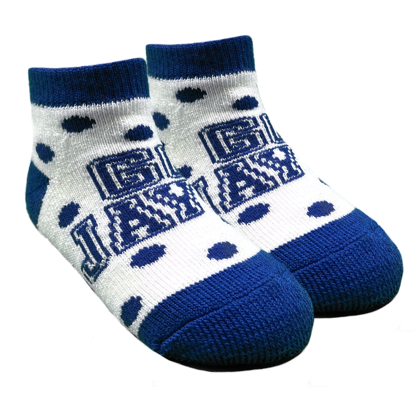 TCK Sock Collection.

97% Polyester/3% Spandex.

These booties have breathe-able construction, a form-fit band on top and a padded sole & toe-box.

Available in 2 sizes - Infant (6-18 month) &amp; Toddler (2-4T).
Go Jays! logo