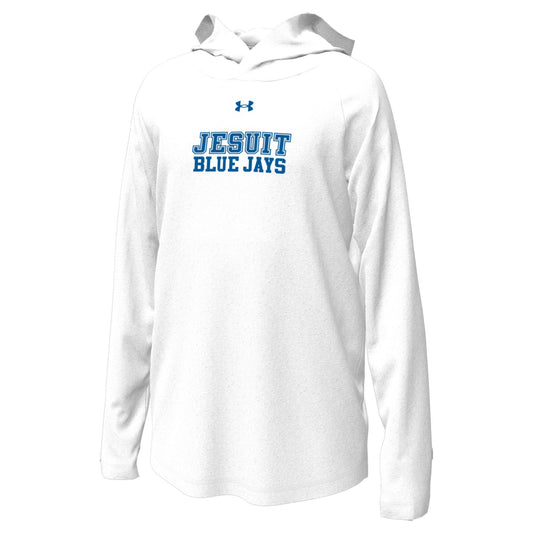 Under Armour.

11% Elastane/93% Polyester.

UA Tech Stretch fabric is quick-drying, offers superior stretch and is ultra-soft. Material wicks sweat and dries really fast. 4-way stretch material moves better in every direction.

Jesuit Blue Jays screen printed logo.